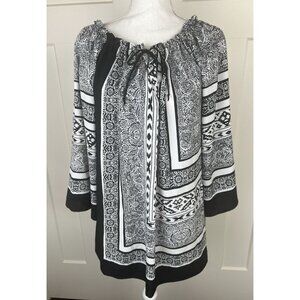 Chicos Sz 3 XL Bohemian Peasant Oversized Top Drawstring Ruffle Neck Black White